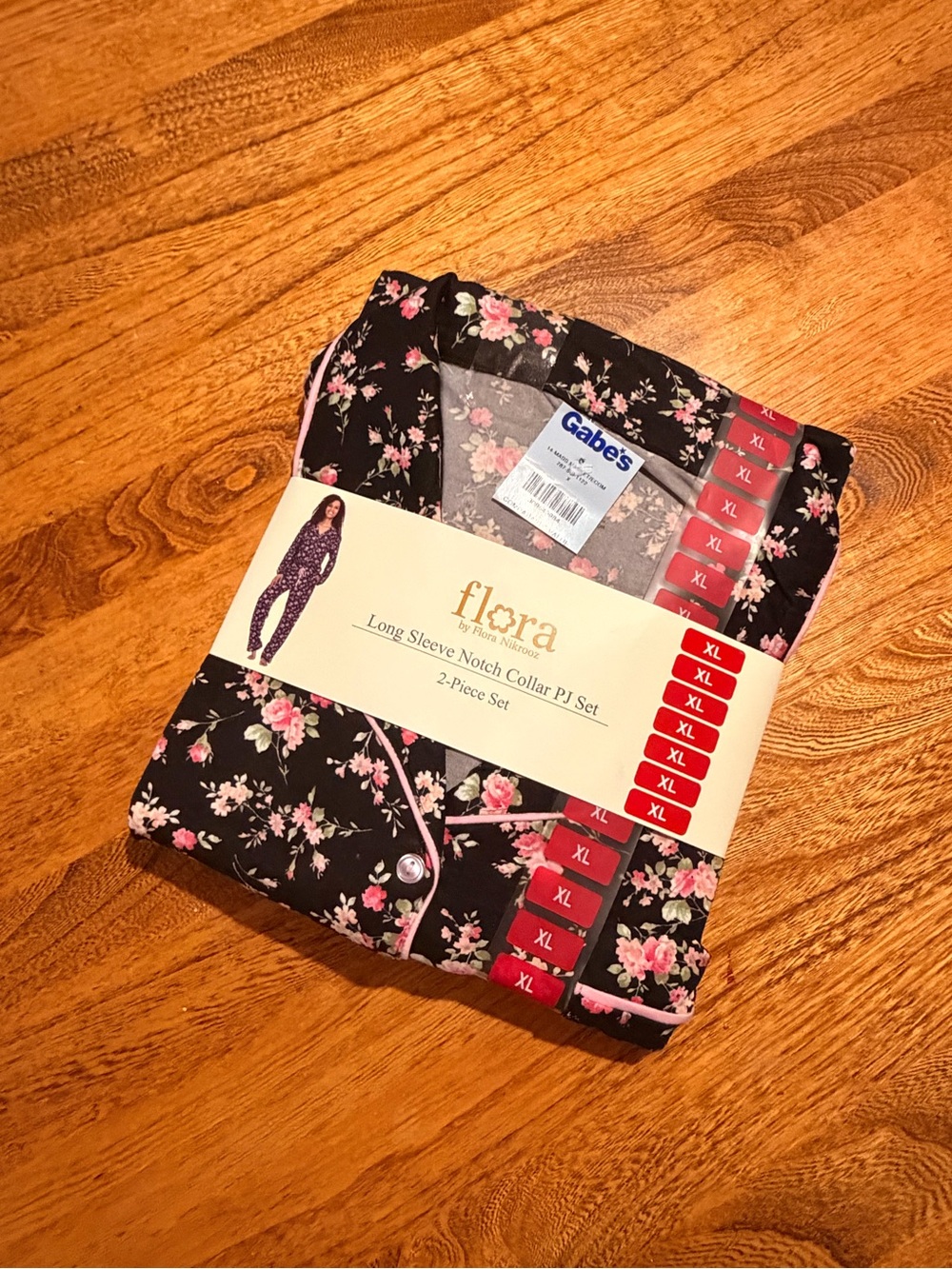 flora Long Sleeve Notch Collar Pajama Set - Black with Pink Floral (XL)